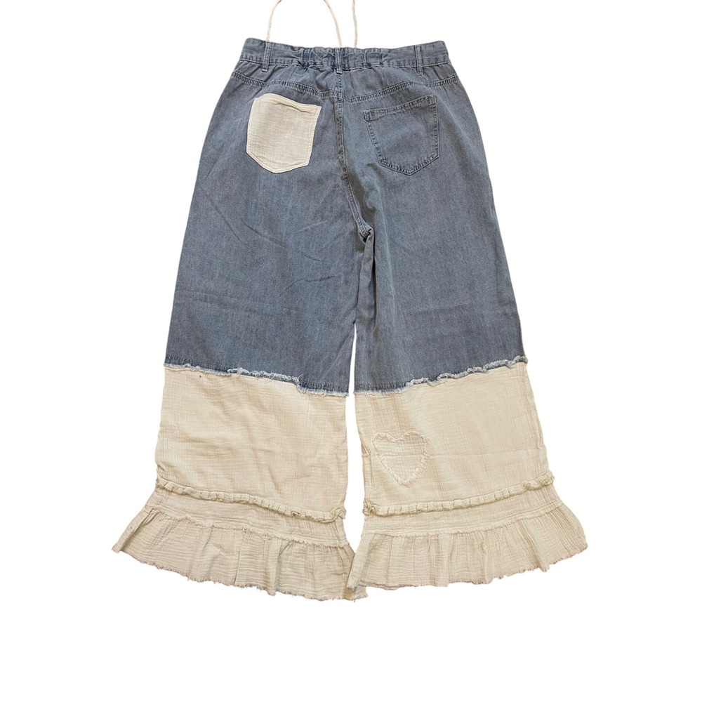 POL Wide Leg Pants Womens L Blue Cream Cotton Boho Ruffle Festival Cottagecore - Picture 4 of 13